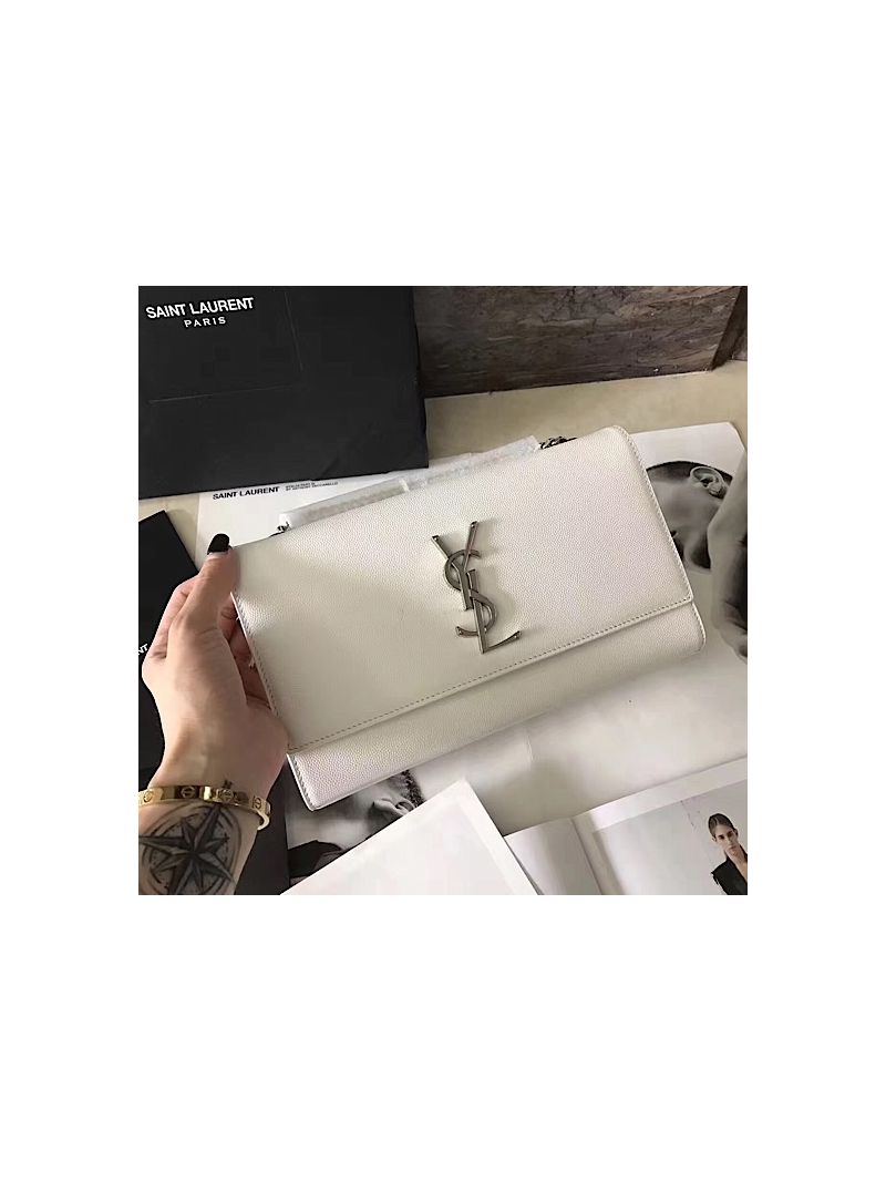 YSL Saint Laurent Classic Medium Kate Satchel Silver Hardware In Grained De Poudre Textured Leather White