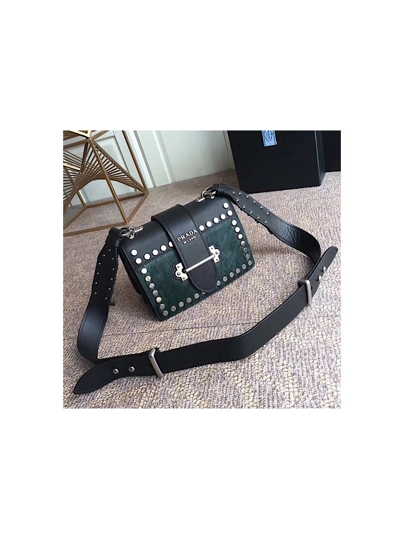 Prada Cahier Small Calf Hair Studded green Shoulder Bag 1BD045