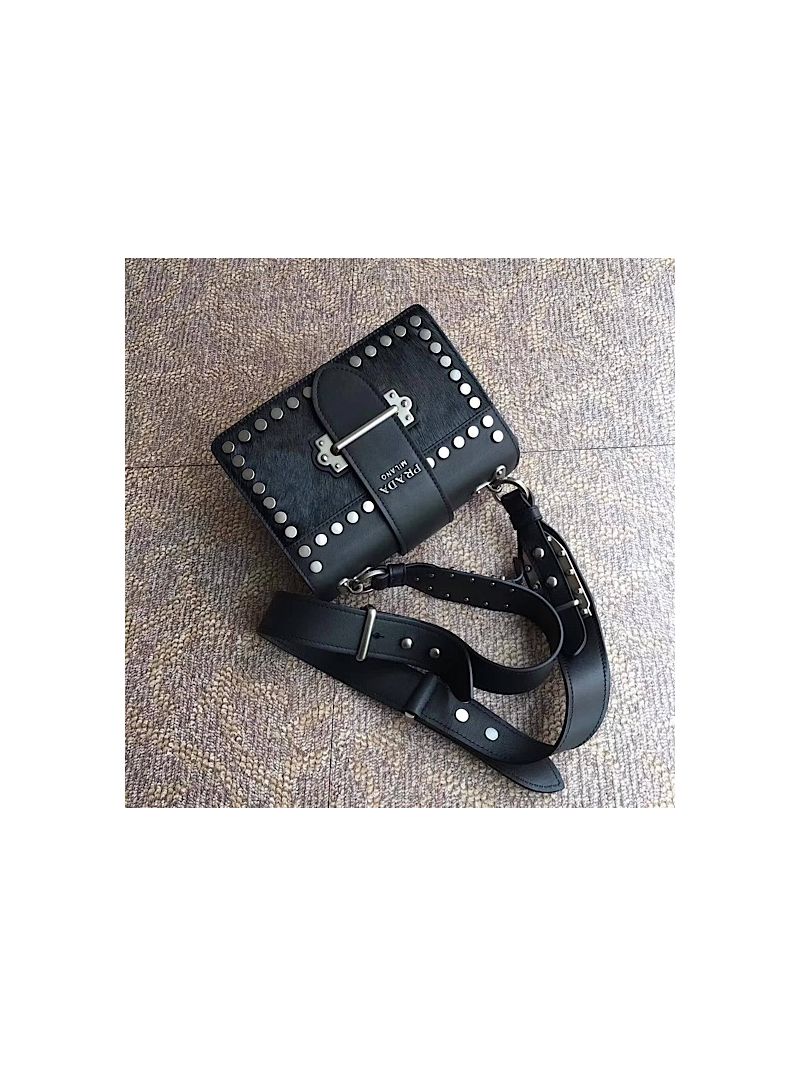 Prada Cahier Small Calf Hair Studded black Shoulder Bag 1BD045