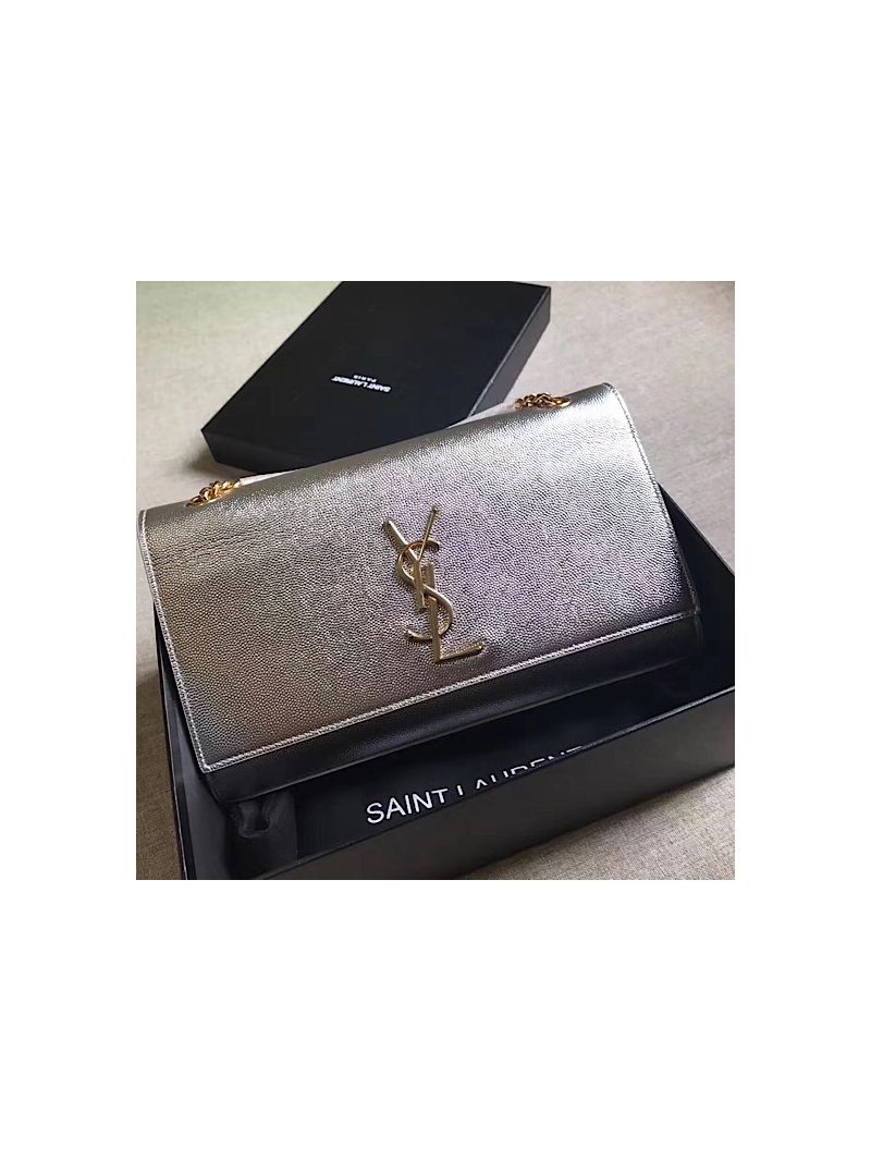YSL Saint Laurent Classic Medium Kate Satchel In Grained De Poudre Textured Leather Pale Gold