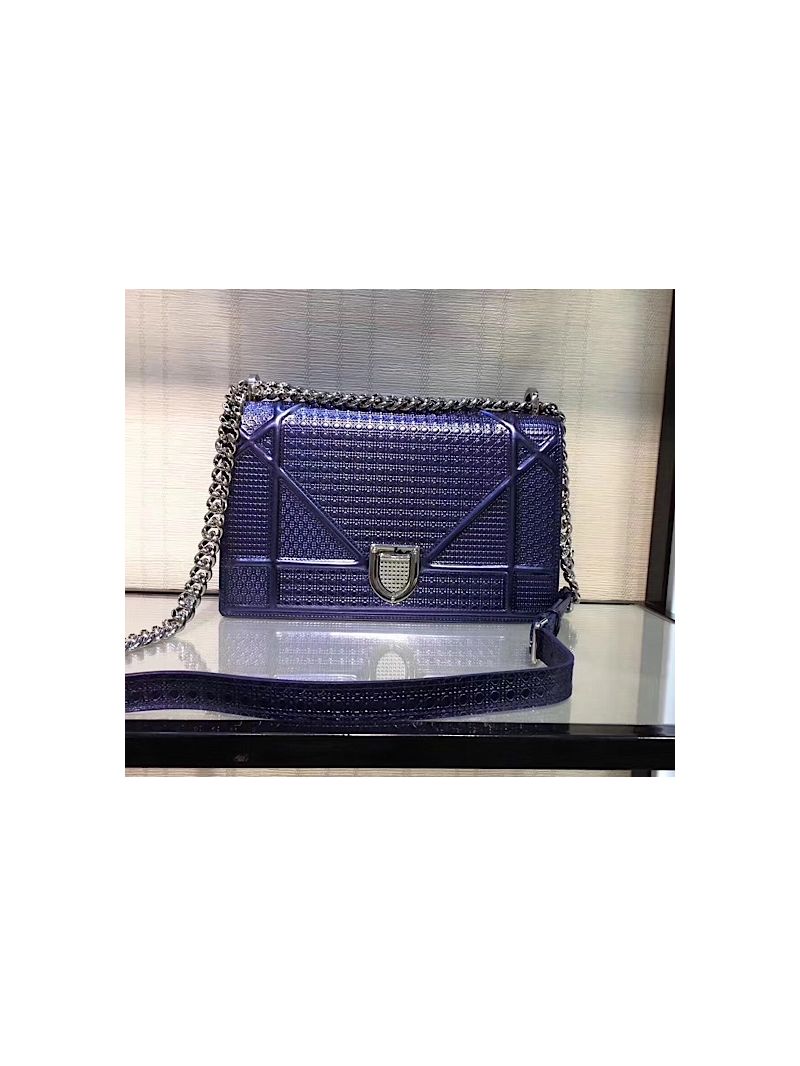 "Diorama" Flap in Silver-tone Metallic Calfskin with Micro-Cannage Motif Bag Blue