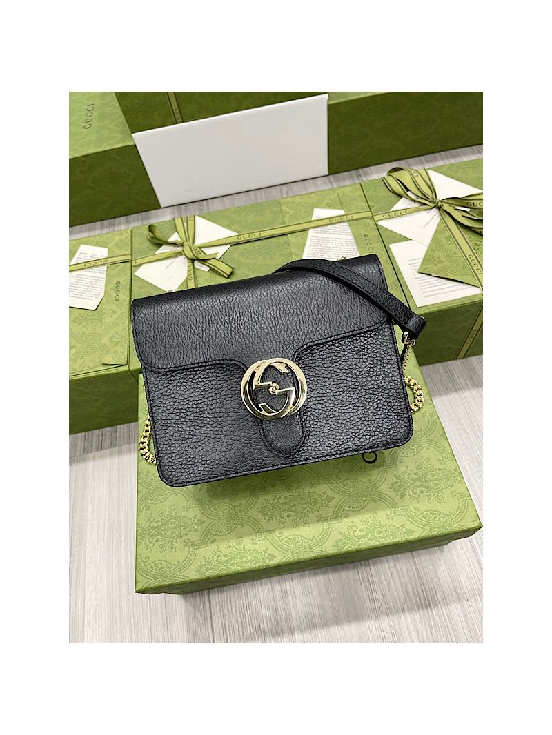 Gucci Interlocking GG Chain Leather CrossBody Bag 510304 Black