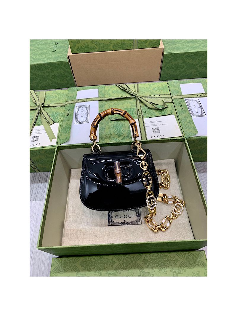 Gucci Bamboo 1947 mini top handle bag Patent leather and crystals charm 724641 Black