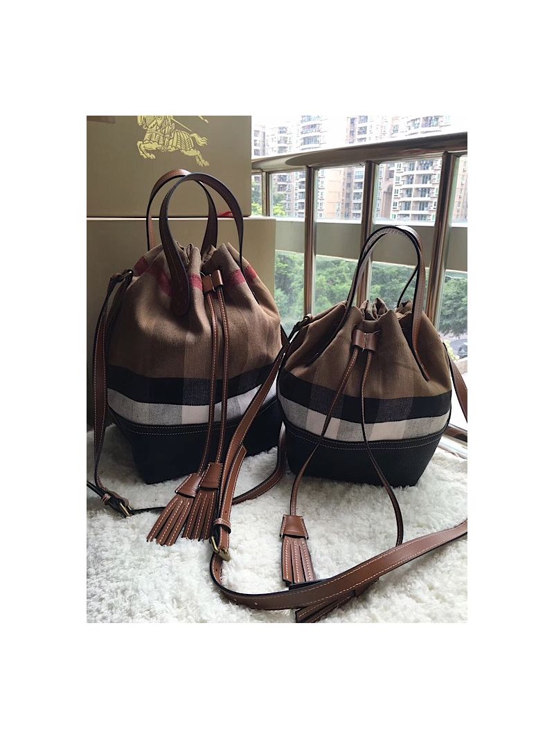 Burberry Canvas Check and Leather Bucket Bag Black