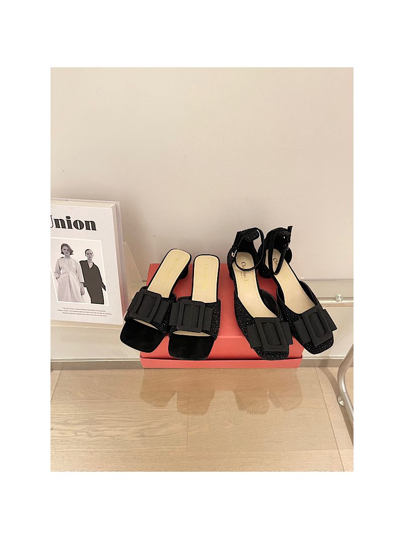 Dior Idylle Heeled Slide Black Suede Covered with Strass and Grosgrain KCQ795 