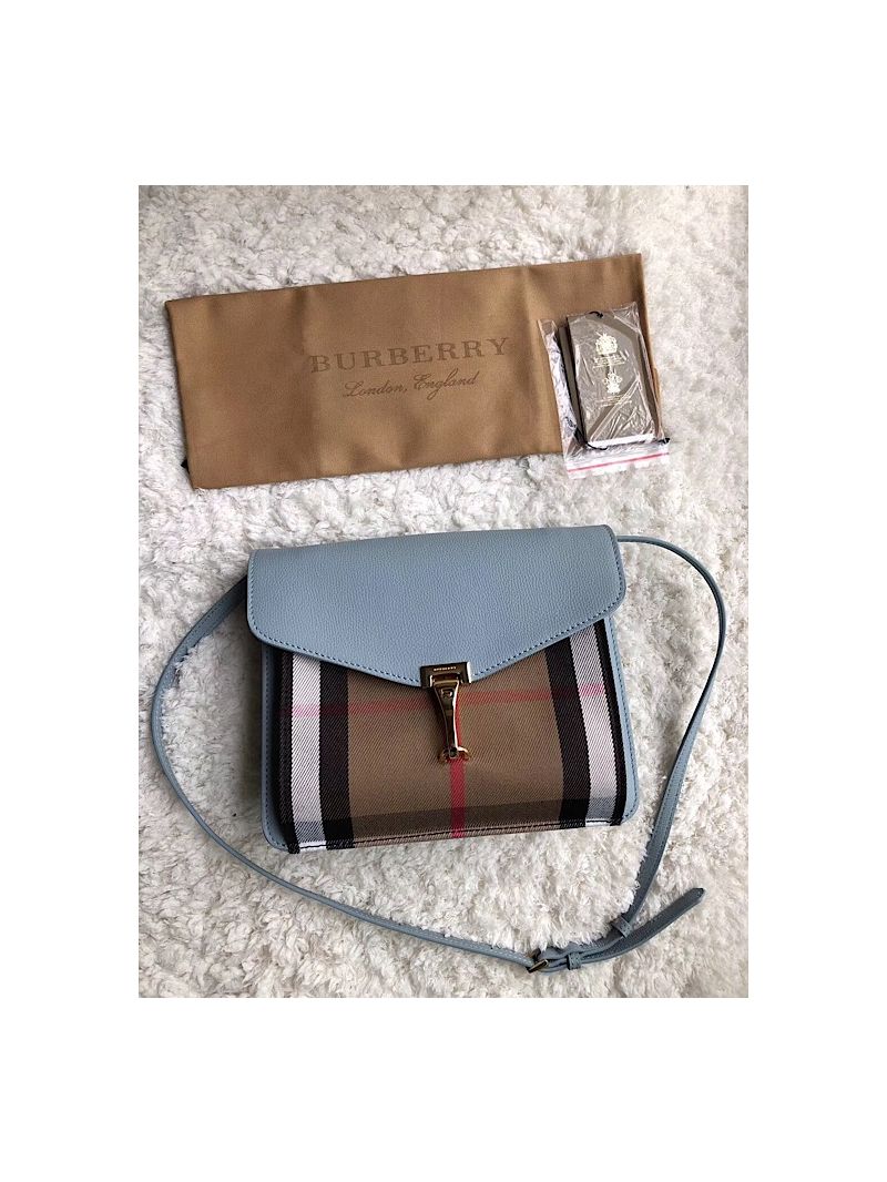 Burberry Small Leather and House Check Crossbody Bag Sky