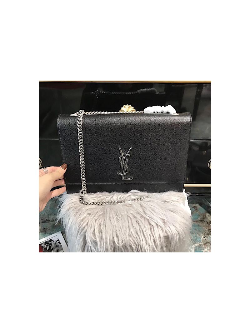 YSL Saint Laurent Large Kate Chain Bag In Black Grain De Poudre Textured Leather Silver Hardware