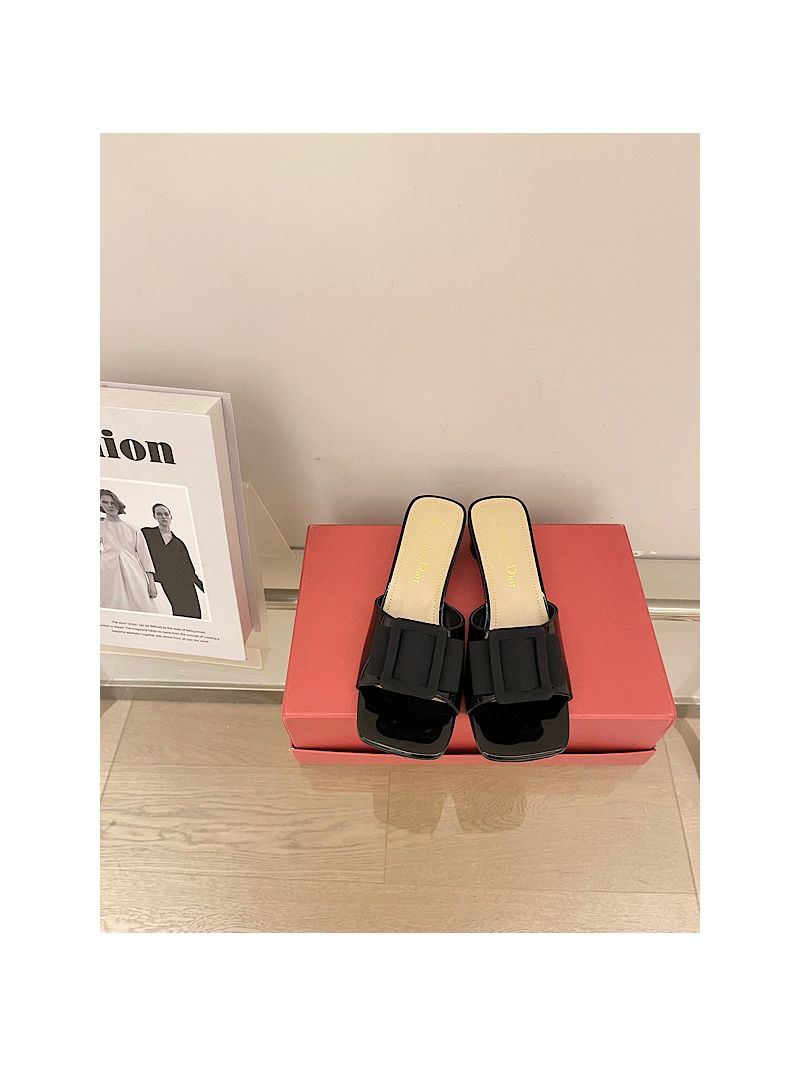 Dior Idylle Heeled Slide Patent Calfskin and Grosgrain KCQ795 Black