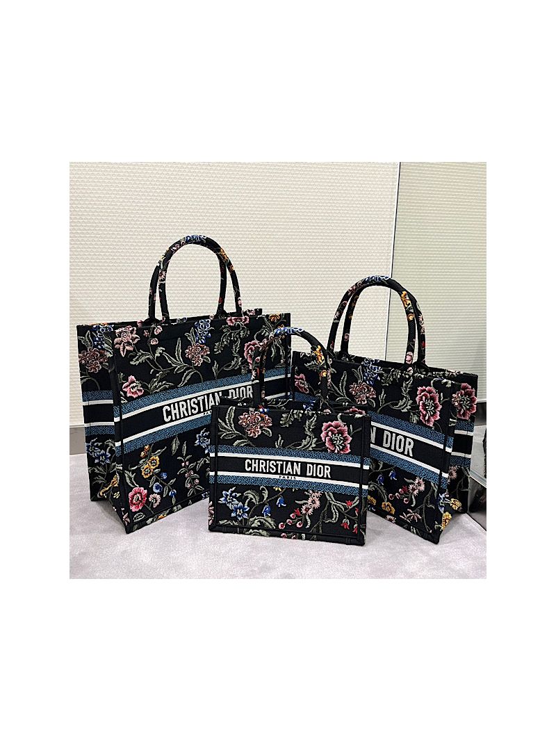 Dior Book Tote bag in Black Multicolor Dior Petites Fleurs Embroidery