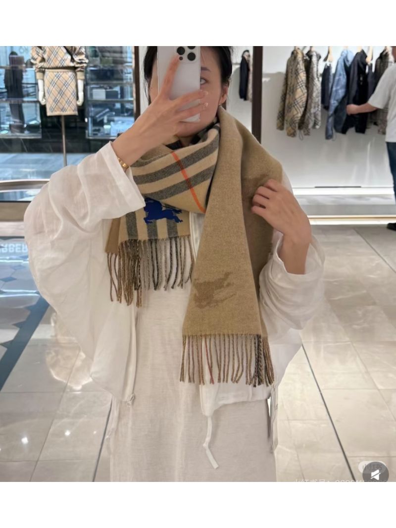 Burberry Brown Cashmere Scarf with Dual-Sided Embroidery & Iconic Check, Luxuriously Soft