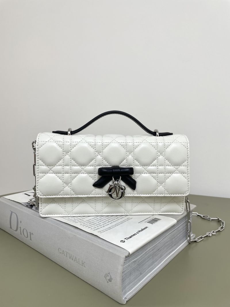 Dior Miss Dior Wallet on Chain with Top Handle and Bow in Cannage Lambskin Latte & Black S5708ONMJ_M01E