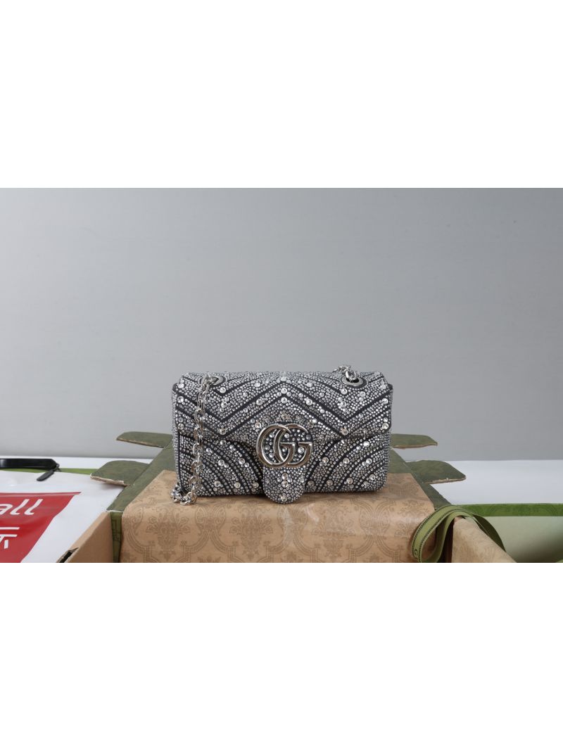 Gucci GG Marmont Small Shoulder Bag with Crystals in Black Quilted Leather 443497