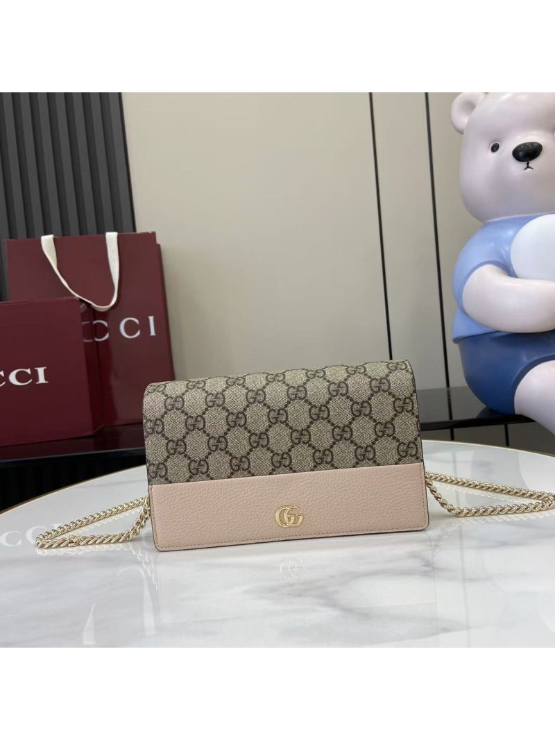 Gucci GG Marmont Bicolor Wallet On Chain in Light Pink Leather and GG Supreme Canvas 497985