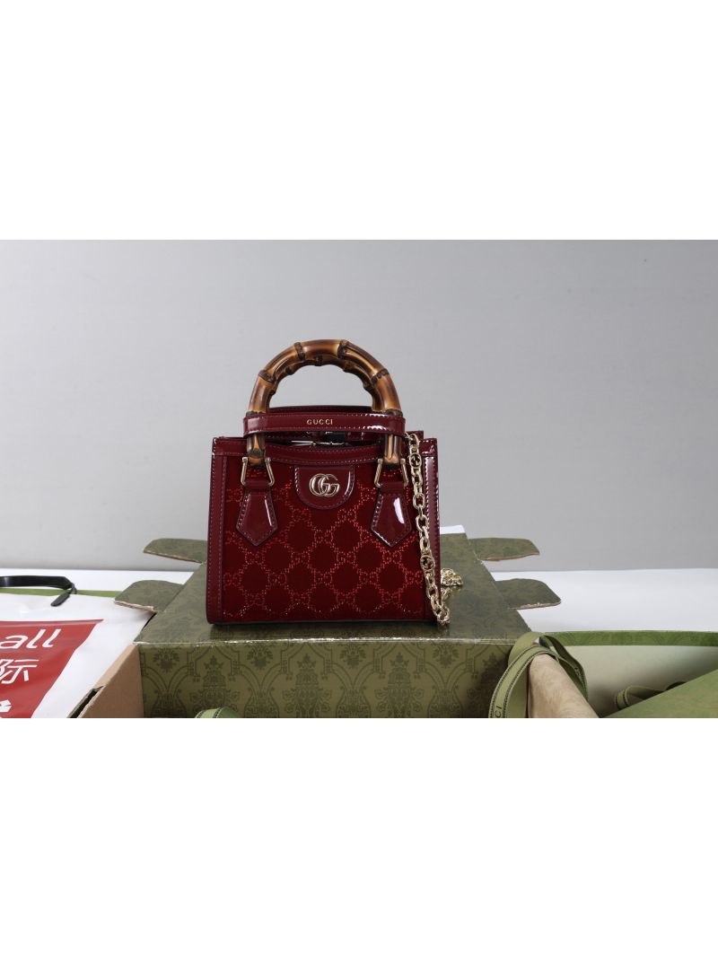 Gucci Diana Small Tote Bag in Velvet GG Crystal Rosso Ancora Red 675800
