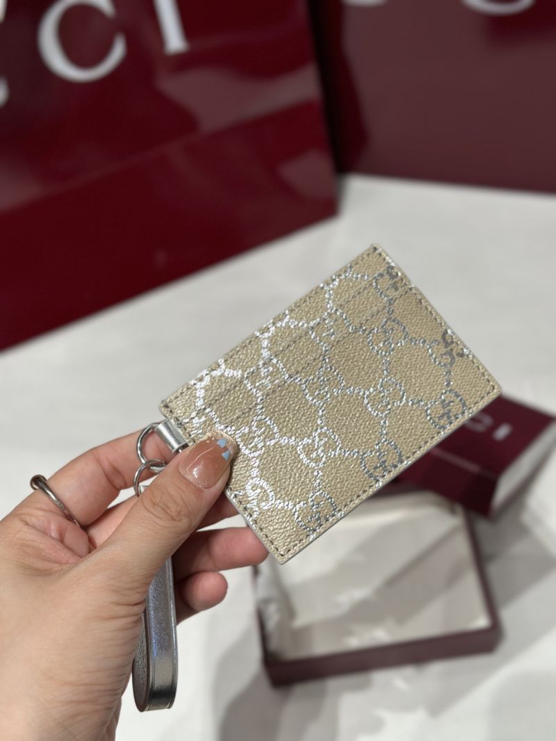 Gucci GG Emblem Card Case with Strap in Fabric Beige and Sliver 819121