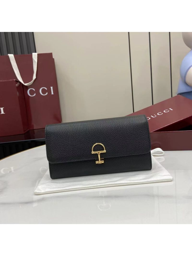 Gucci Half Horsebit Wallet on Chain in Grained Leather Black 828147