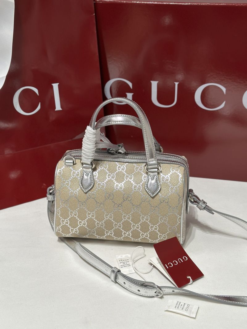 Gucci GG Emblem Small Boston Bag in GG Silver/Beige 848889