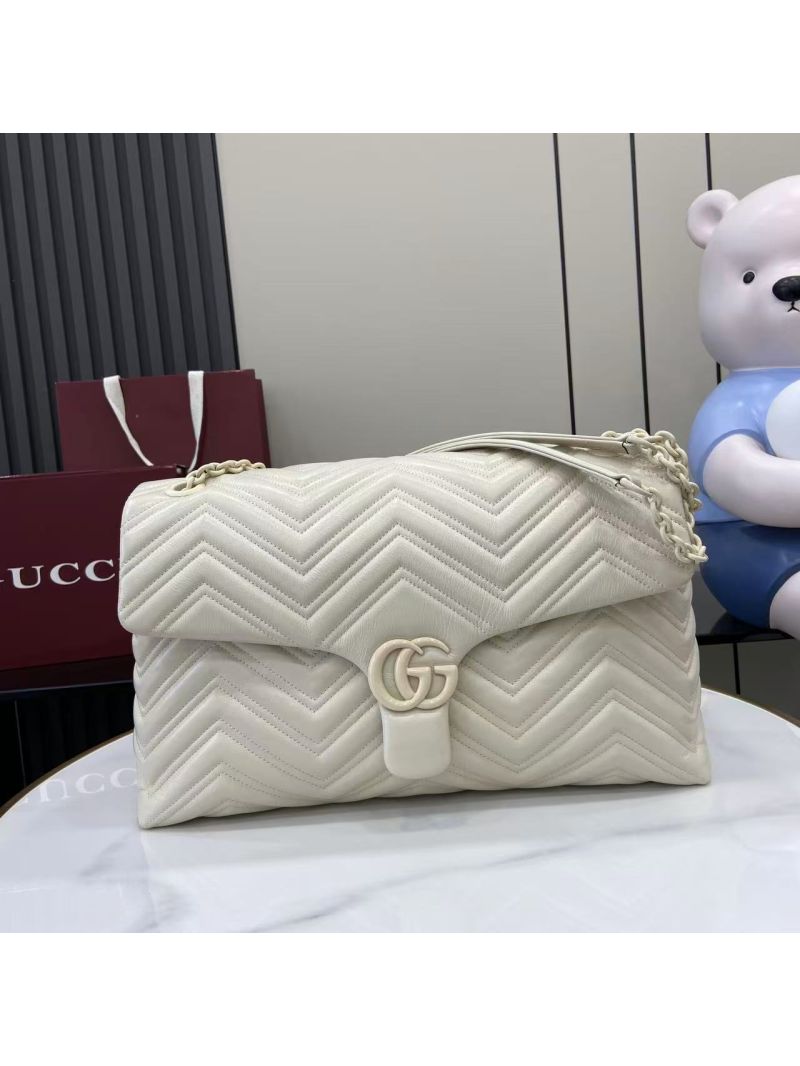 Gucci GG Marmont Large Shoulder Bag in Soft Lightweight Matelassé Chevron Leather Ivory White 850659