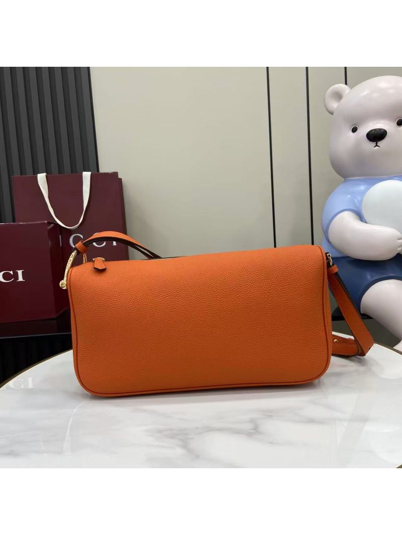 Gucci Half Horsebit Medium Shoulder Bag in Orange Grained Leather 860787