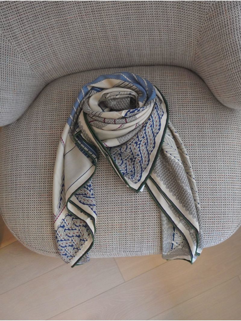Hermes Silk Twill Scarf in Cream and Navy Feathered Print - Timeless Elegance
