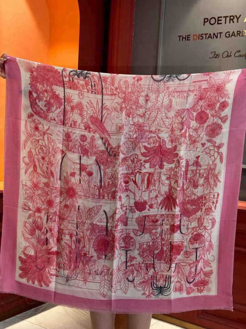Hermes Exotic Garden Cashmere Long Scarf 100x200 Red