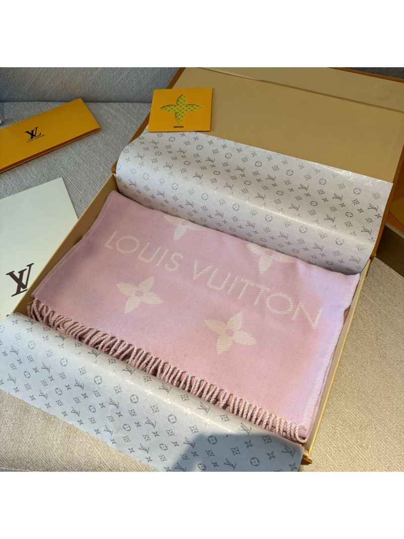 Louis Vuitton 100% Wool Pink Monogram Scarf with Delicate Fringe - Luxe Elegance