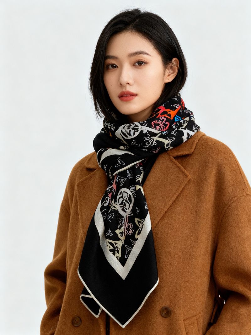 Louis Vuitton x Takashi Murakami Silk-Cashmere Scarf, Black Multicolor Monogram, Luxe Velvet Touch