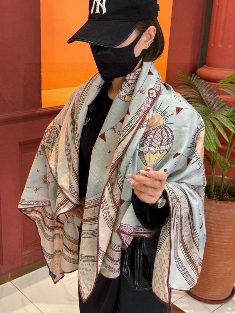 Louis Vuitton Brown Velvet Scarf, 140cm, Hot Air Balloon Print, Luxe Traveler's Dream