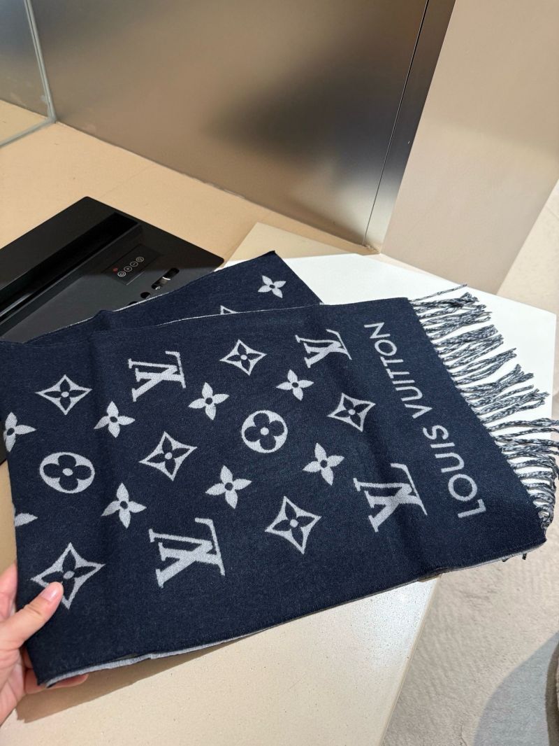 Louis Vuitton Blue-Gray Monogram Scarf, Luxe Wool Blend, Iconic Pattern, Sophisticated Statement