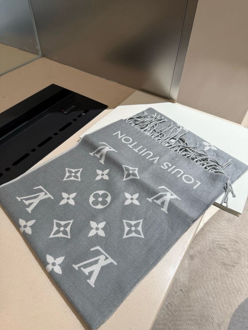 Louis Vuitton Grey-White Monogram Scarf, Luxe Wool Blend, Iconic Pattern, Sophisticated Statement