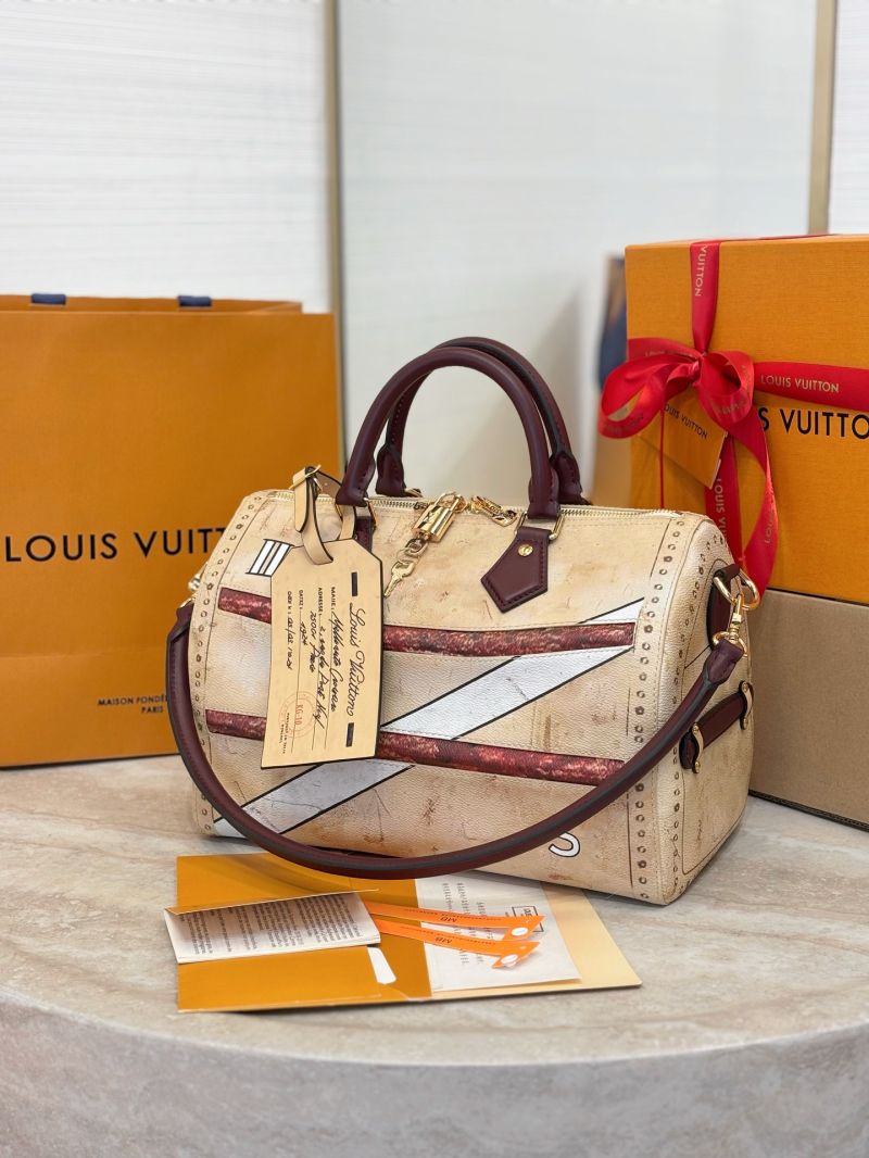Louis Vuitton Speedy Bandoulière 25 in Heritage Monogram Aged Canvas Beige Burgundy M11585