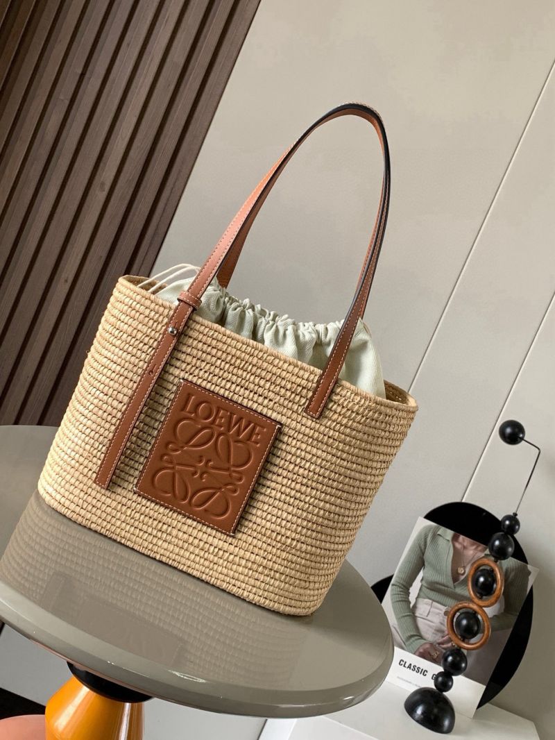 Loewe Square Basket Bag in Raffia and Calfskin Natural/Tan A223099X02