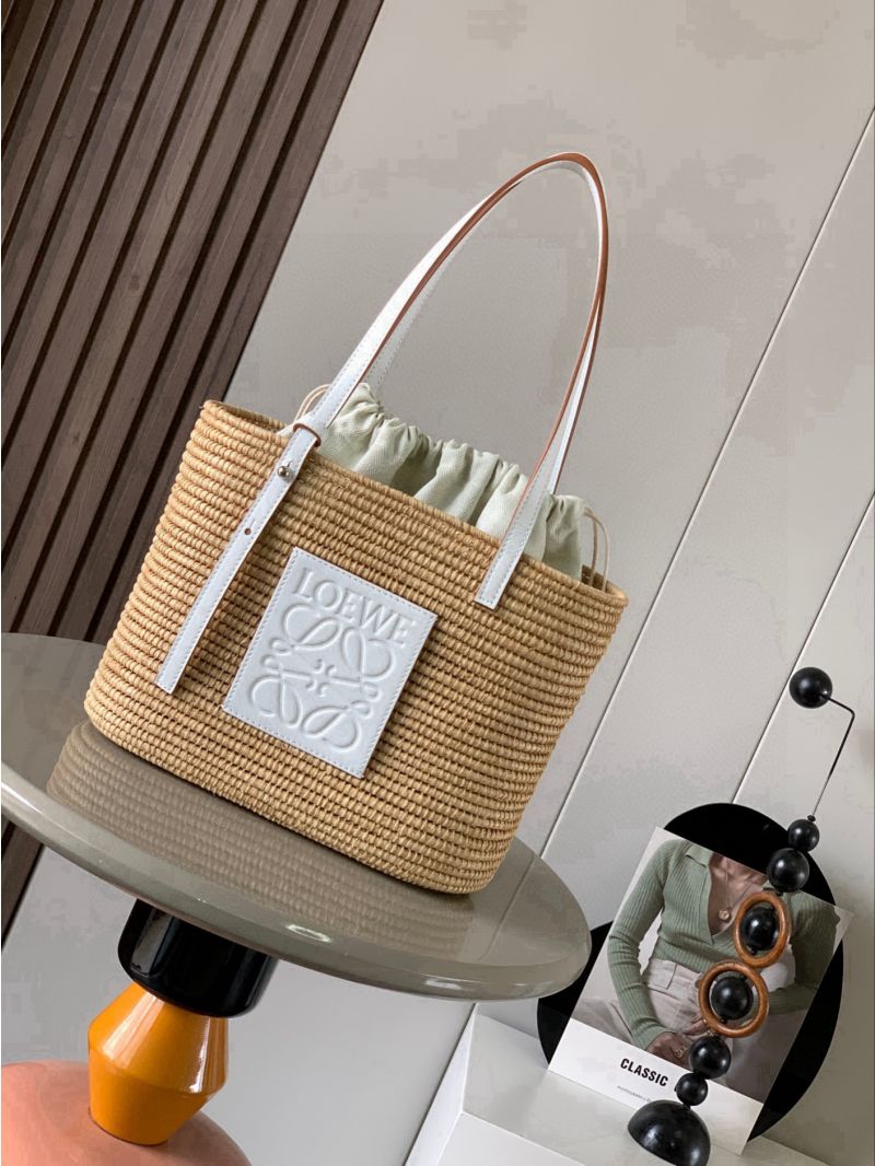 Loewe Small Square Basket Bag in Raffia and Calfskin Natural/White A223099X02