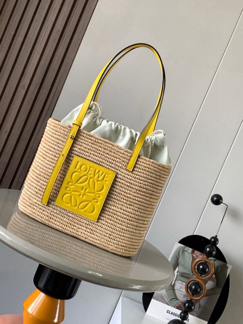 Loewe Small Square Basket Bag in Raffia and Calfskin Natural/Yellow A223099X02