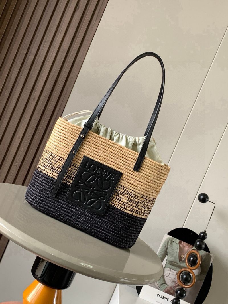 Loewe Small Square Basket Bag in Raffia and Calfskin Natural/Black A223099X08