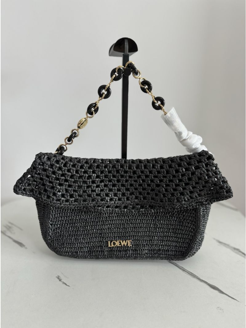 LOEWE Medium Ola Bag in Raffia and Calfskin Black A610W12X02
