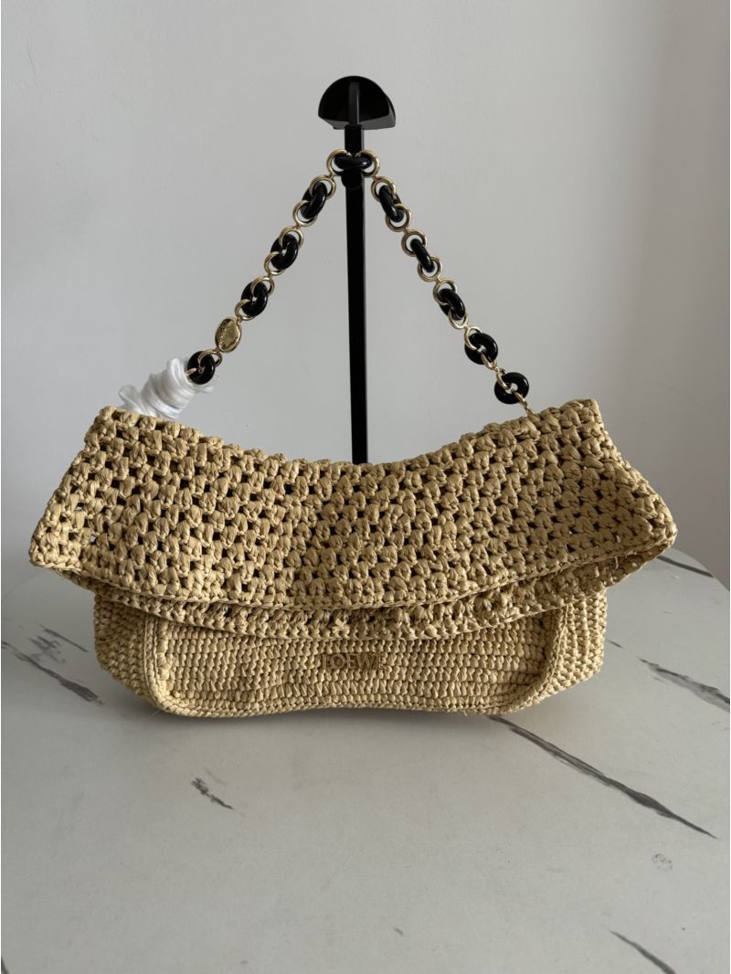 LOEWE Medium Ola Handbag in Raffia and Calfskin Natural/Black A685O21X02