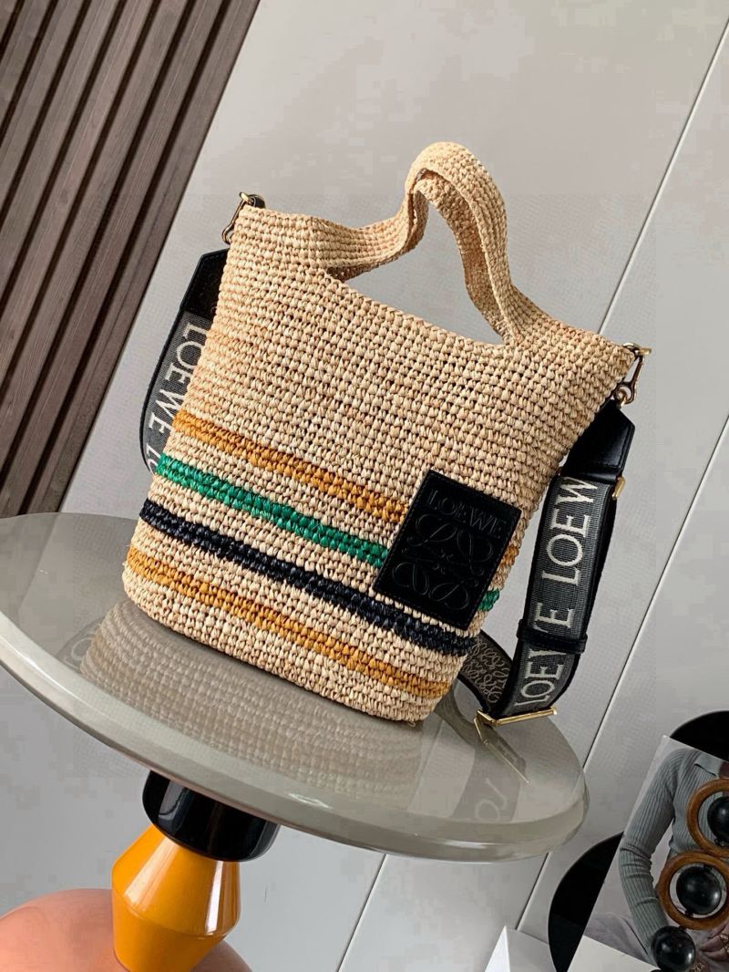 Loewe Small Anagram Tote in Striped Raffia and Calfskin Natural/Multicolor/Black A717S72X18