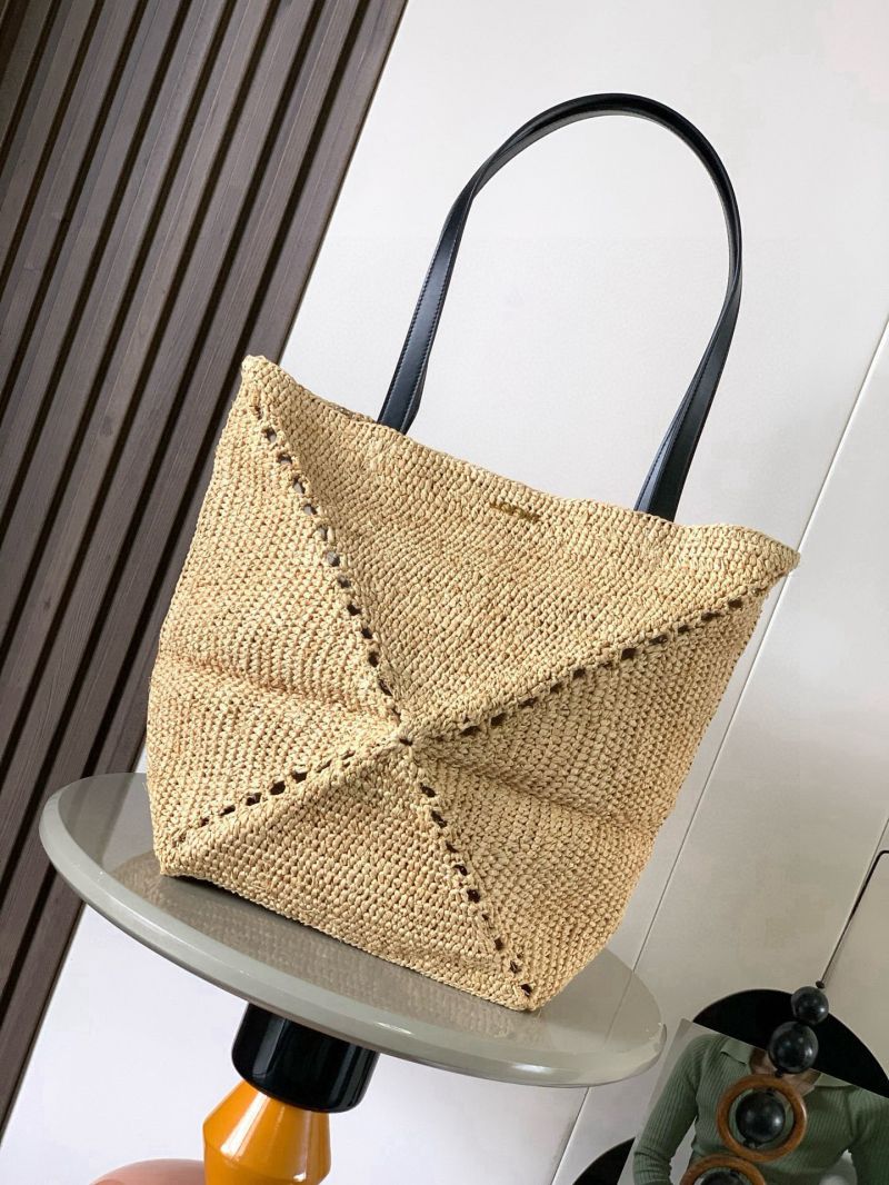 Loewe Puzzle Fold Tote in Raffia and Calfskin Natural/Black A779Q04X01