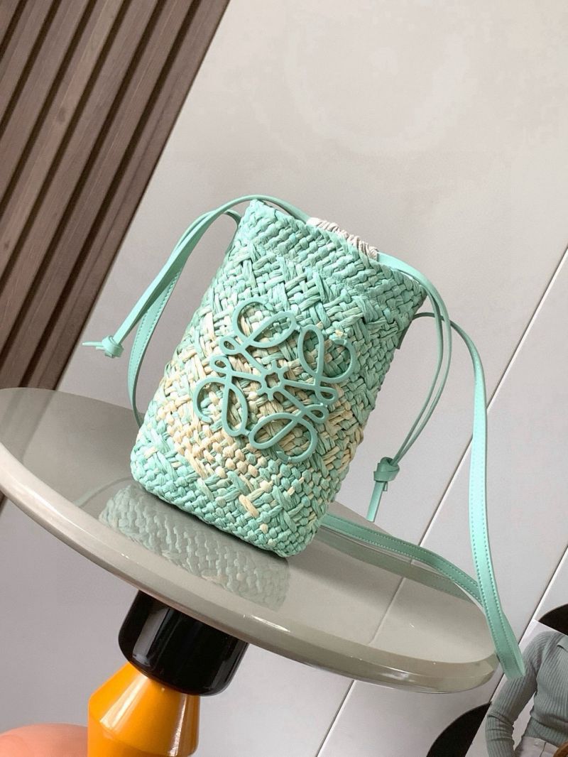 Loewe Cylinder Pocket in Iraca Palm and Calfskin Aquamarine/Natural C630P03X01