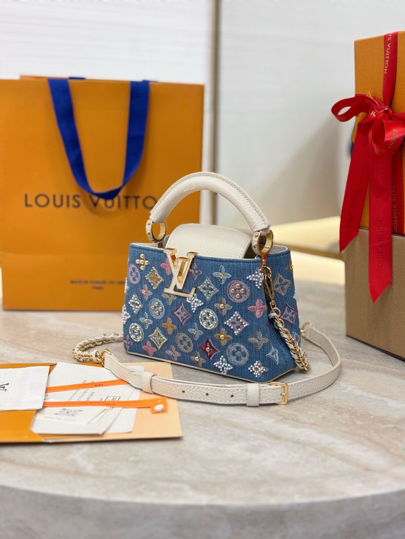 Louis Vuitton lv Capucines Mini M12947 Monogram denim embroidered with intricate beads and metallic Lurex threads