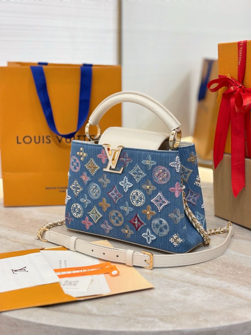 Louis Vuitton lv Capucines BB M12947 Monogram denim embroidered with intricate beads and metallic Lurex threads