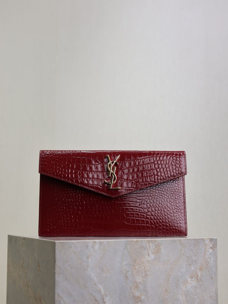 Saint Laurent Uptown Pouch in Shiny Crocodile-Embossed Leather Burgundy 565739