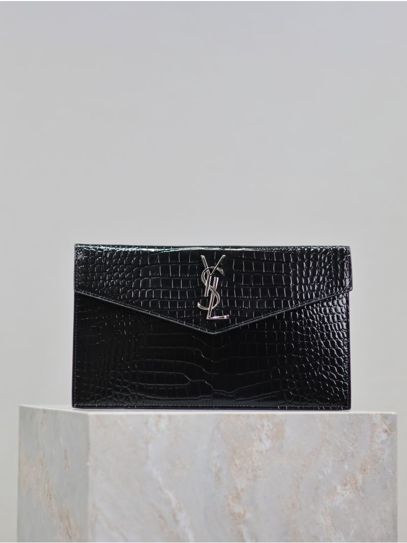 Saint Laurent Uptown Pouch in Shiny Crocodile-Embossed Leather Black 5657391DZ0E1000
