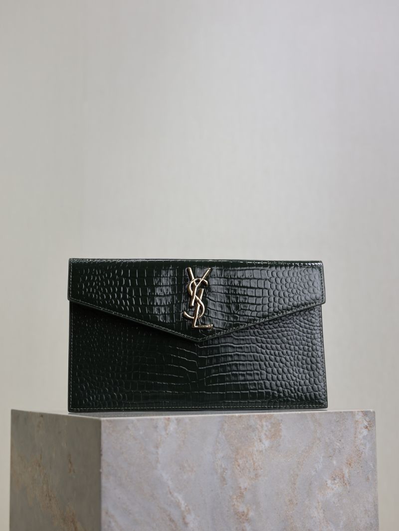 YSL-Saint Laurent Uptown Pouch in Crocodile-Embossed Calfskin Dark Green 5657391YF0W3045
