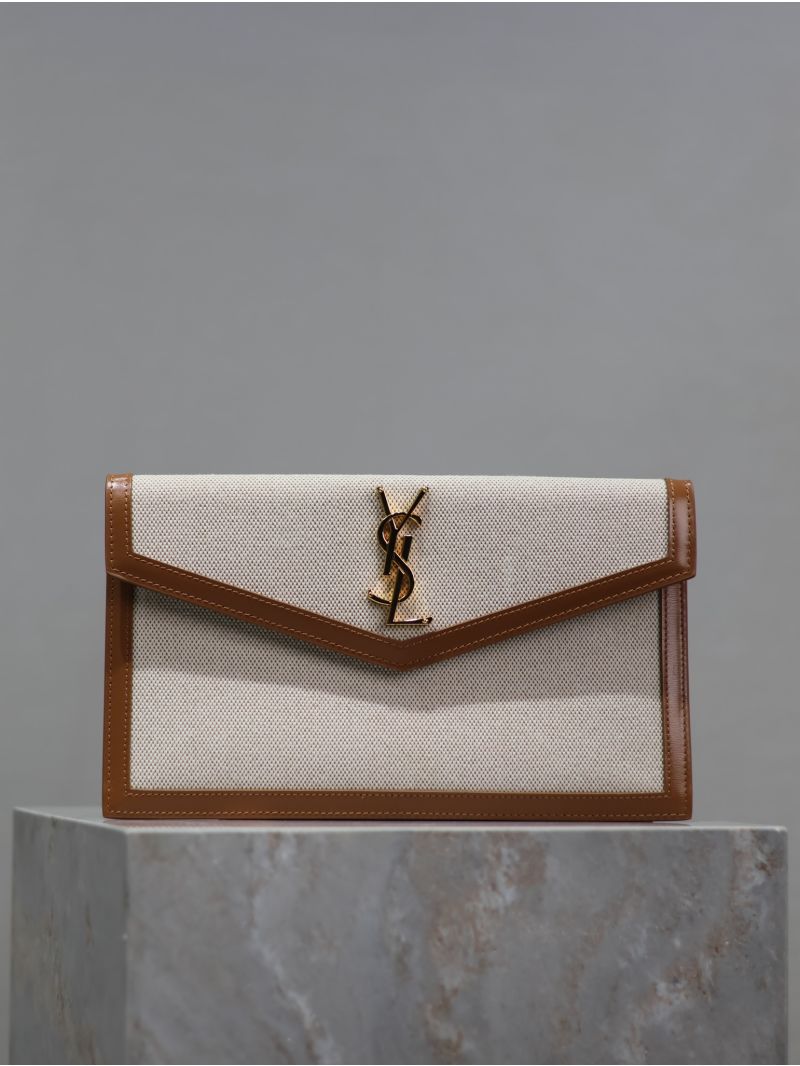 YSL-Saint Laurent Uptown Pouch in Canvas and Smooth Leather Beige/Brick 56573996NAE9273