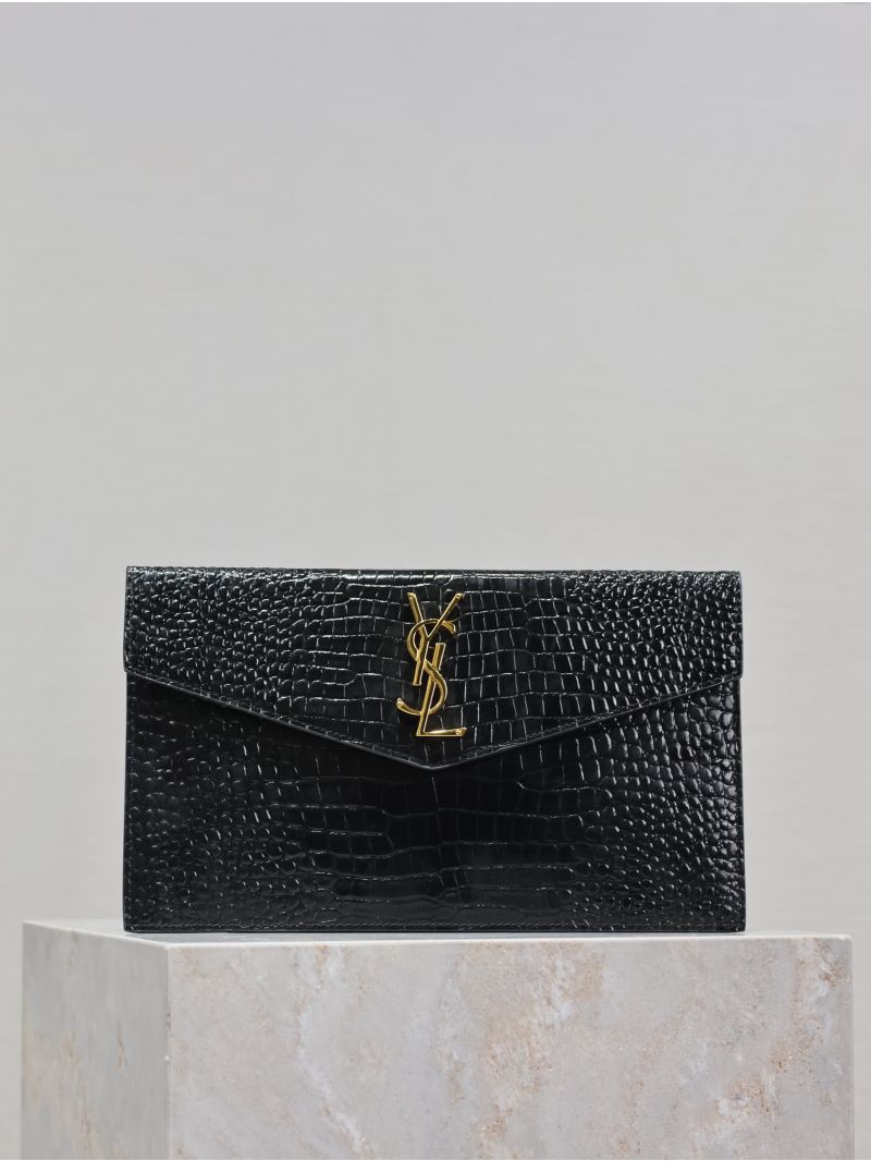 YSL-Saint Laurent Uptown Pouch in Shiny Crocodile-Embossed Leather Black 565739DND0J1000