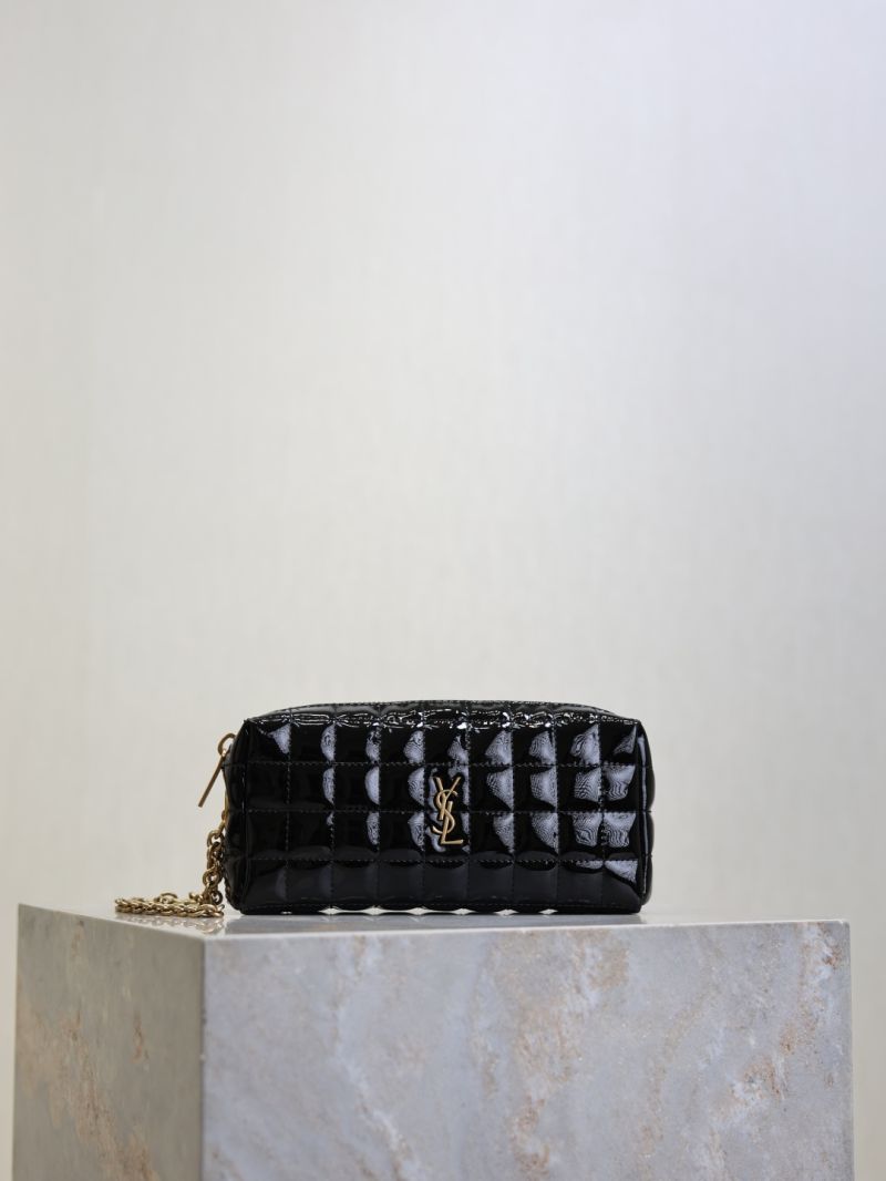 Saint Laurent Le Cassandre Matelassé Carré Pouch on Chain in Quilted Patent Leather Black 779649
