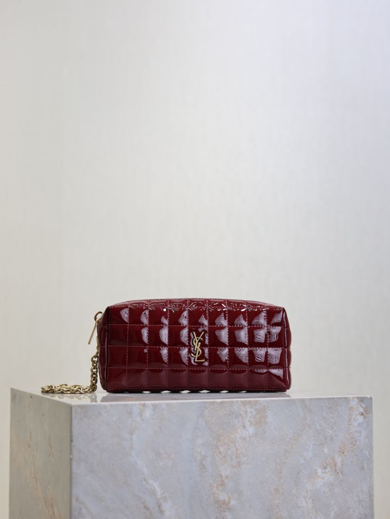 Saint Laurent Cassandre Matelassé Carré Pouch on Chain in Shiny Canvas Bordeaux 779649
