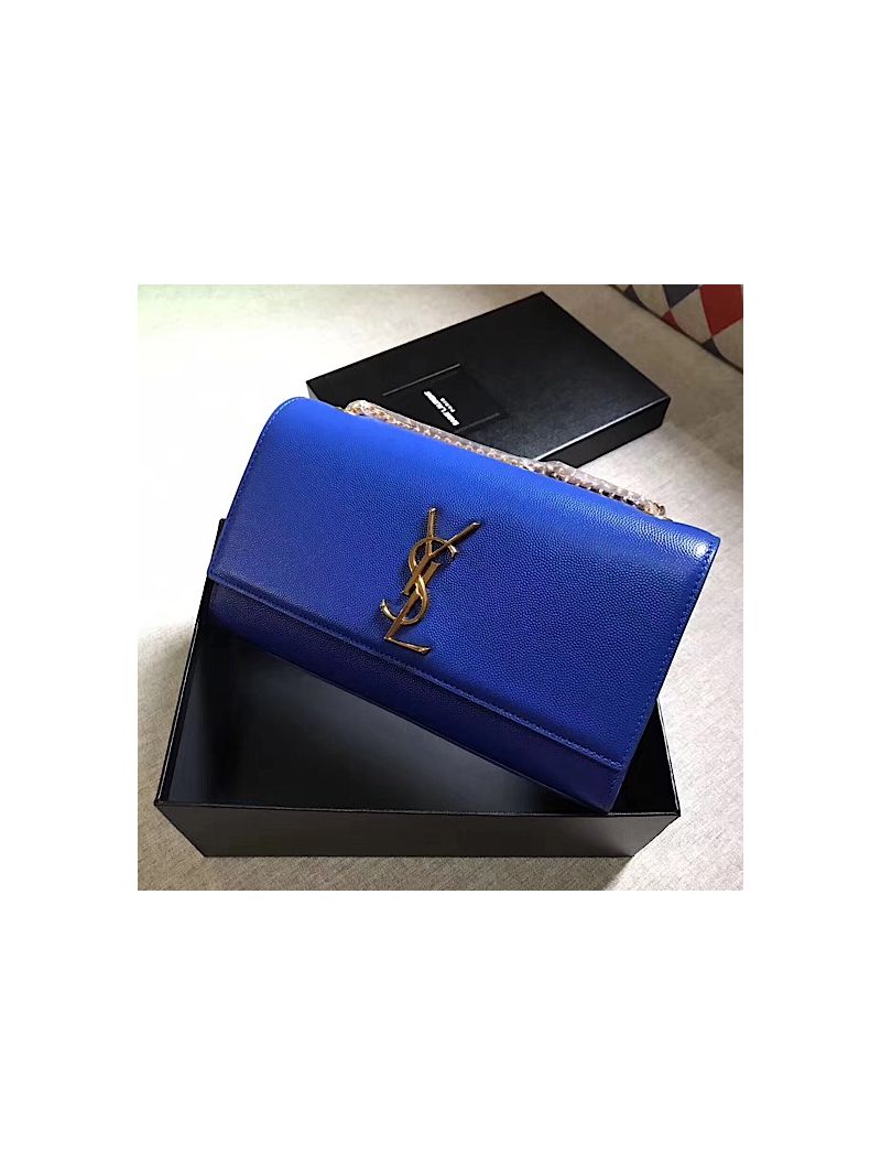 YSL Saint Laurent Classic Medium Kate Satchel In Grained De Poudre Textured Leather Blue